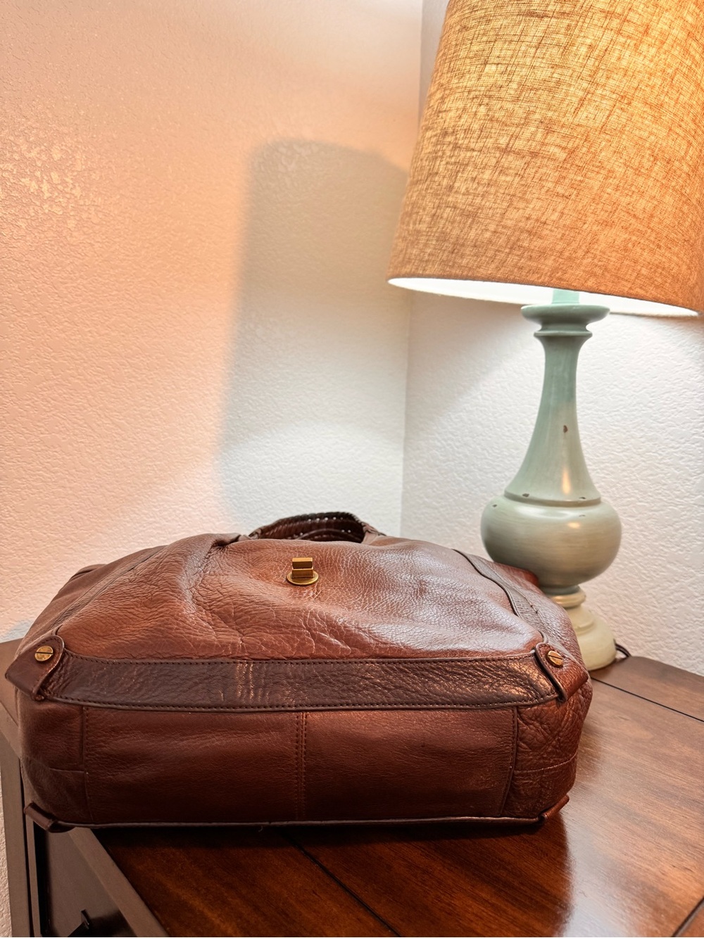 Elliott Lucca Warm Cognac Leather Braided-Handle Tote - Picture 3 of 10